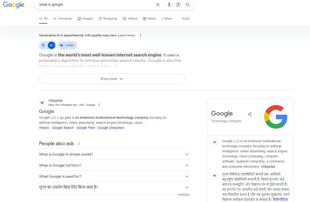 Ví dụ về kết quả Google SGE