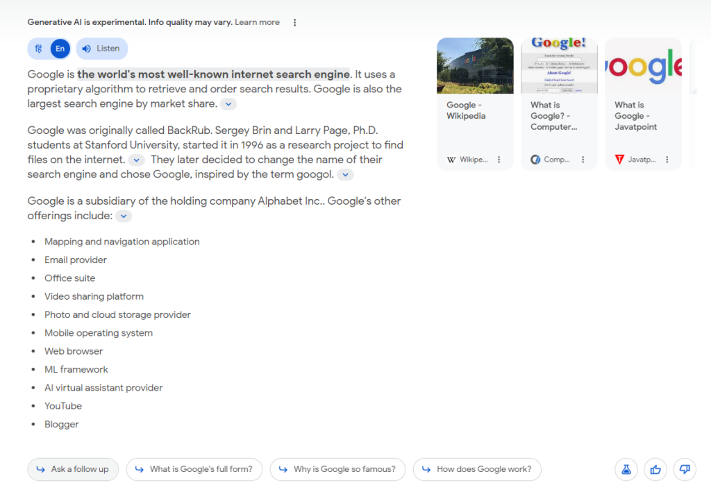 Ví dụ về kết quả Google SGE 2