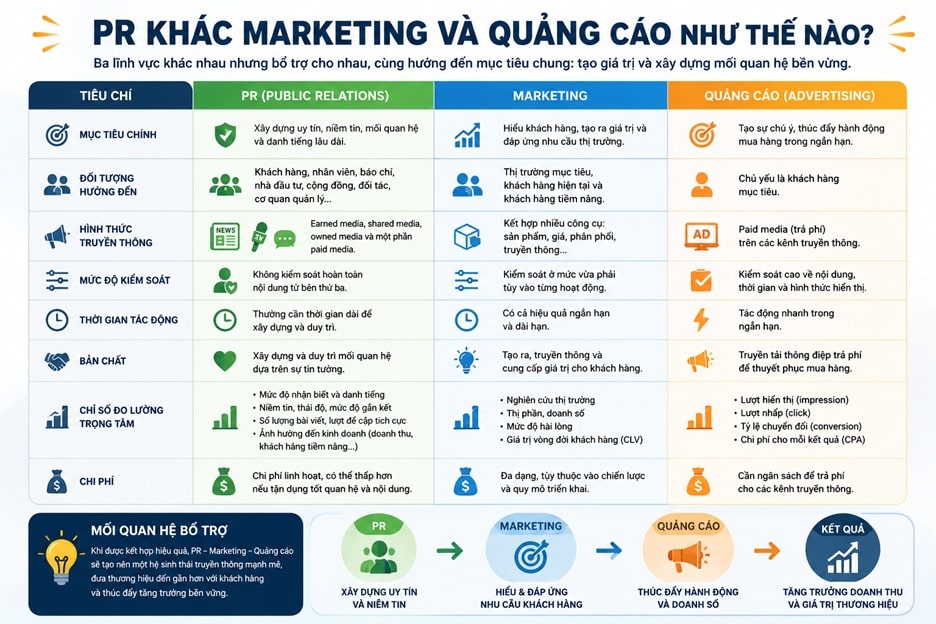 PR khác Marketing và quảng cáo như thế nào?