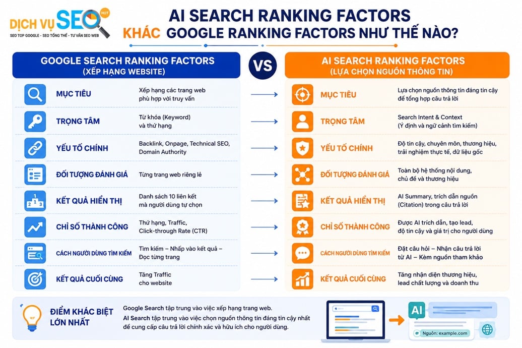 AI Search Ranking Factors khác Google Ranking Factors như thế nào